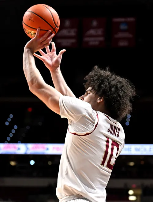 Jan 31, 2026; Tallahassee, Florida, USA; Florida State Seminoles guard Lajae Jones (10) shoots the ball during the first half against the Stanford Cardinal at Donald L. Tucker Center. Mandatory Credit: Melina Myers-Imagn Images