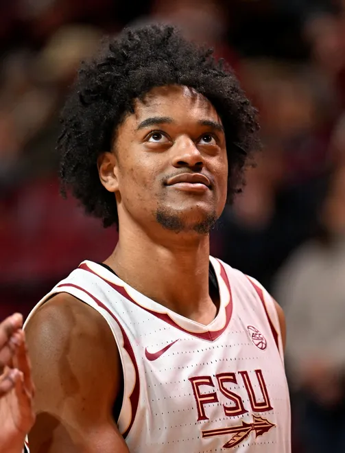 Jan 31, 2026; Tallahassee, Florida, USA; Florida State Seminoles guard Martin Somerville (1) before the game against the Stanford Cardinal at Donald L. Tucker Center. Mandatory Credit: Melina Myers-Imagn Images