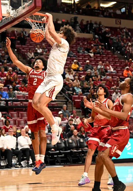Jan 31, 2026; Tallahassee, Florida, USA; Florida State Seminoles guard Lajae Jones (10) dunks the ball to score the first points in the game during the first half against the Stanford Cardinal at Donald L. Tucker Center. Mandatory Credit: Melina Myers-Imagn Images