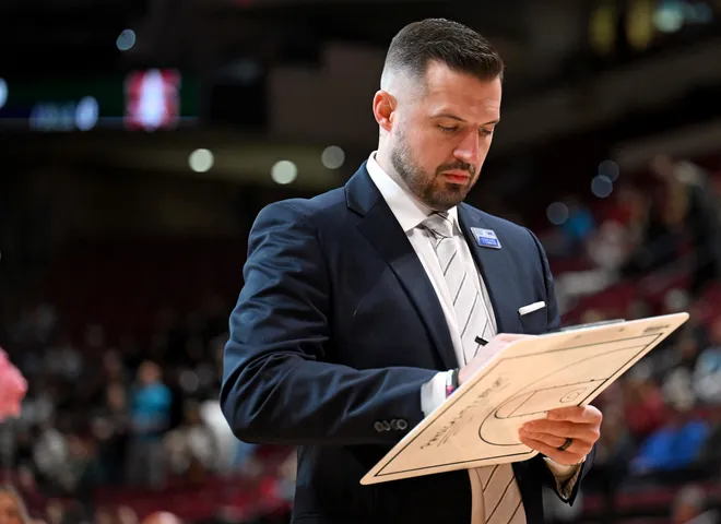 Jan 31, 2026; Tallahassee, Florida, USA; Florida State Seminoles head coach Luke Loucks before the game against the Stanford Cardinal at Donald L. Tucker Center. Mandatory Credit: Melina Myers-Imagn Images