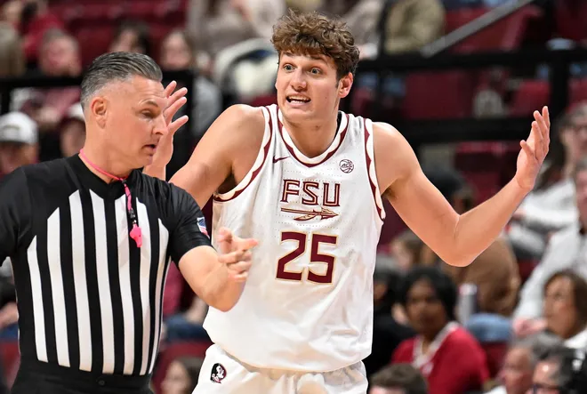 Jan 31, 2026; Tallahassee, Florida, USA; Florida State Seminoles forward Alex Steen (25) after a foul call with a referee during the first half against the Stanford Cardinal at Donald L. Tucker Center. Mandatory Credit: Melina Myers-Imagn Images