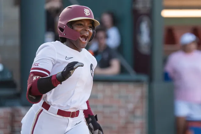 Jahni Kerr celebrates as the Florida State Seminoles defeated the Florida Gators 4-0 on Wednesday, April 2, 2025.