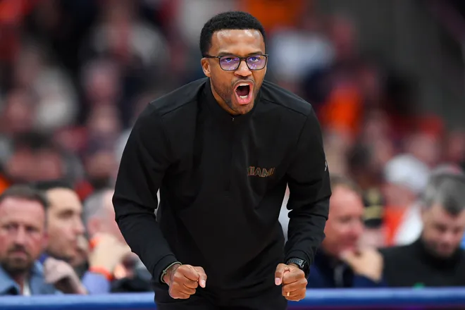 Jan 24, 2026; Syracuse, New York, USA; Miami Hurricanes head coach Jai Lucas reacts during the second half against the Syracuse Orange at the JMA Wireless Dome. Mandatory Credit: Rich Barnes-Imagn Images