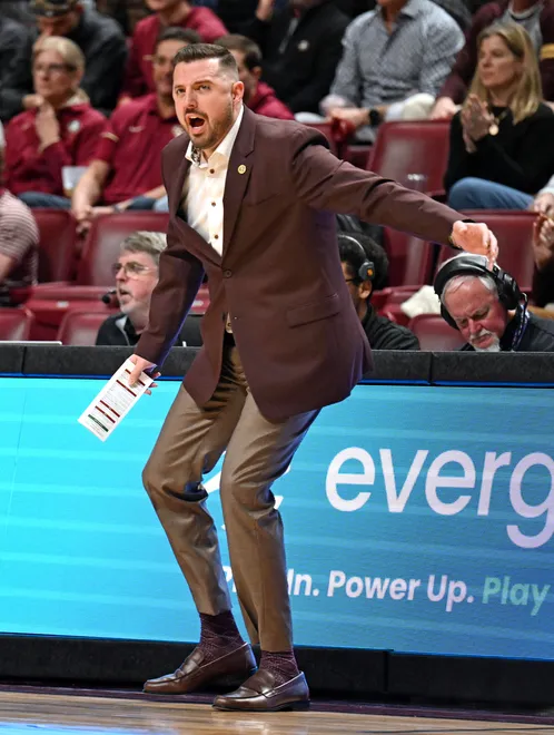 Feb 10, 2026; Tallahassee, Florida, USA; Florida State Seminoles head coach Luke Loucks during the first half against the Virginia Cavaliers at Donald L. Tucker Center. Mandatory Credit: Melina Myers-Imagn Images