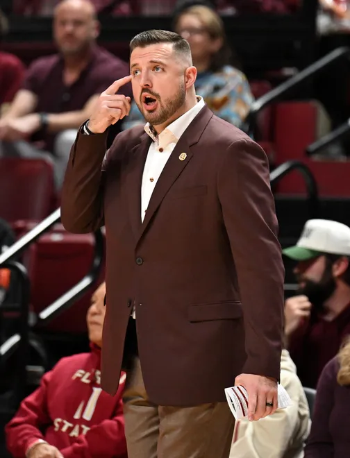 Feb 10, 2026; Tallahassee, Florida, USA; Florida State Seminoles head coach Luke Loucks during the first half against the Virginia Cavaliers at Donald L. Tucker Center. Mandatory Credit: Melina Myers-Imagn Images