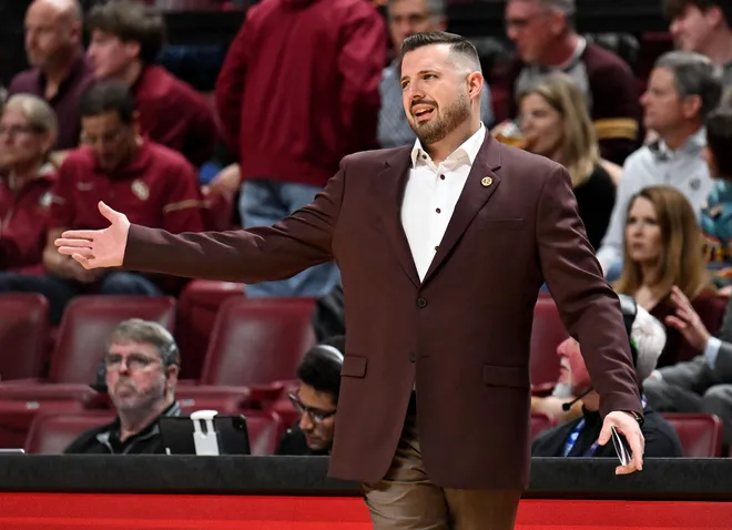 Feb 10, 2026; Tallahassee, Florida, USA; Florida State Seminoles head coach Luke Loucks during the first half against the Virginia Cavaliers at Donald L. Tucker Center. Mandatory Credit: Melina Myers-Imagn Images
