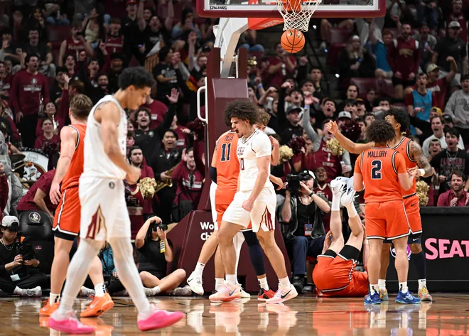 Feb 10, 2026; Tallahassee, Florida, USA; Florida State Seminoles guard Lajae Jones (10) reacts after an and one during the first half against the Virginia Cavaliers at Donald L. Tucker Center. Mandatory Credit: Melina Myers-Imagn Images