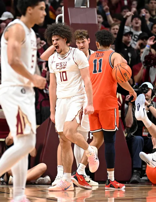 Feb 10, 2026; Tallahassee, Florida, USA; Florida State Seminoles guard Lajae Jones (10) reacts after an and one during the first half against the Virginia Cavaliers at Donald L. Tucker Center. Mandatory Credit: Melina Myers-Imagn Images