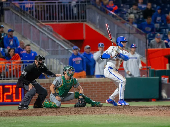 Florida's infielder Brendan Lawson (11) at bat against UAB, Friday, February 13, 2026, at Condron Family Ballpark in Gainesville, Florida. The Gators lost Game 1 to the Blazers 9-7. [Cyndi Chambers/ Gainesville Sun] 2026