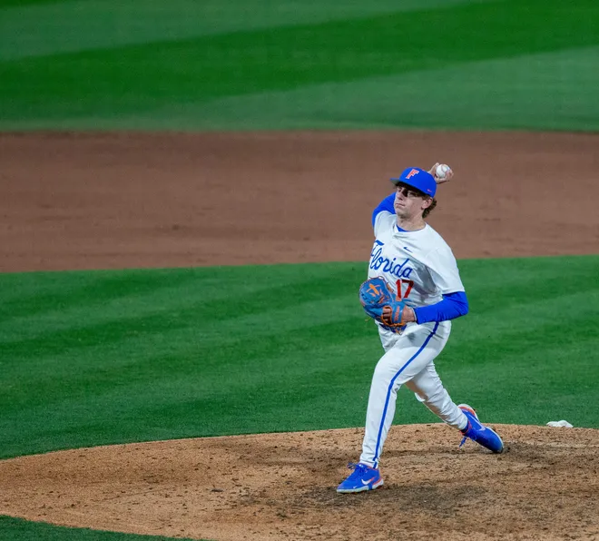 Florida's pitcher Russell Sandefer (17) comes into the game against UAB, Friday, February 13, 2026, at Condron Family Ballpark in Gainesville, Florida. The Gators lost Game 1 to the Blazers 9-7. [Cyndi Chambers/ Gainesville Sun] 2026