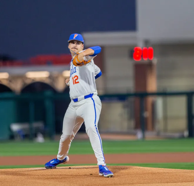 Florida's Liam Peterson (12) was the starting pitcher for the Gators on Opening Day against UAB, Friday, February 13, 2026, at Condron Family Ballpark in Gainesville, Florida. The Gators lost Game 1 to the Blazers 9-7. 
[Cyndi Chambers/ Gainesville Sun] 2026