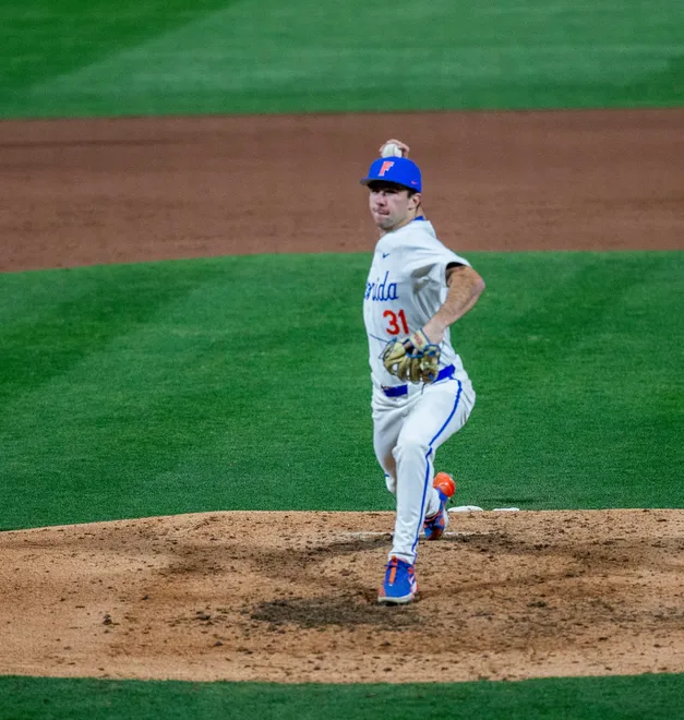 Florida's pitcher Ricky Reeth (31) pitches in relief against UAB, Friday, February 13, 2026, at Condron Family Ballpark in Gainesville, Florida. The Gators lost Game 1 to the Blazers 9-7. [Cyndi Chambers/ Gainesville Sun] 2026