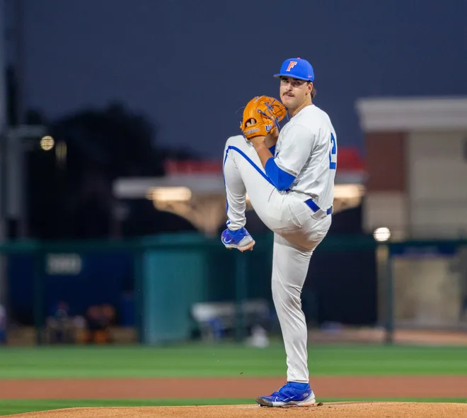 Florida's Liam Peterson (12) was the starting pitcher for the Gators on Opening Day against UAB, Friday, February 13, 2026, at Condron Family Ballpark in Gainesville, Florida. The Gators lost Game 1 to the Blazers 9-7. 
[Cyndi Chambers/ Gainesville Sun] 2026