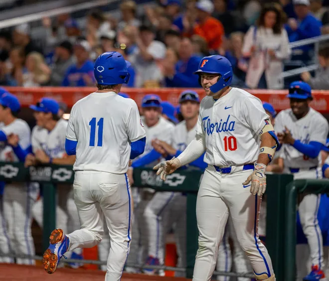 Florida's infielder Brendan Lawson (11) scores a run against UAB, Friday, February 13, 2026, at Condron Family Ballpark in Gainesville, Florida. The Gators lost Game 1 to the Blazers 9-7. [Cyndi Chambers/ Gainesville Sun] 2026