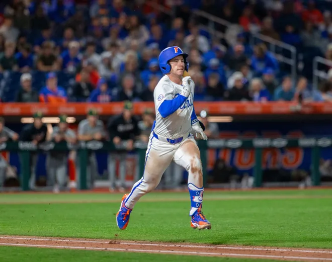Florida's infielder Cade Kurland (4) heads to first against UAB, Friday, February 13, 2026, at Condron Family Ballpark in Gainesville, Florida. The Gators lost Game 1 to the Blazers 9-7. [Cyndi Chambers/ Gainesville Sun] 2026
