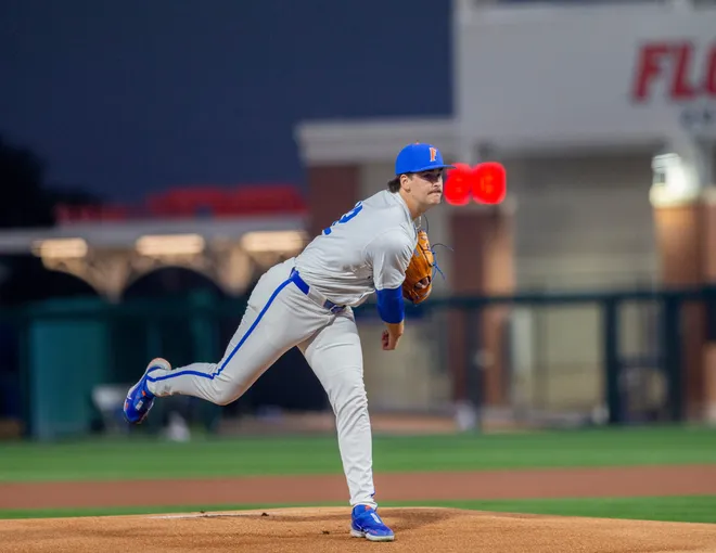 Florida's Liam Peterson (12) was the starting pitcher for the Gators on Opening Day against UAB, Friday, February 13, 2026, at Condron Family Ballpark in Gainesville, Florida. The Gators lost Game 1 to the Blazers 9-7. 
[Cyndi Chambers/ Gainesville Sun] 2026