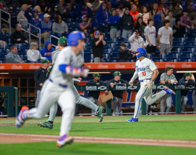 Florida's infielder Ethan Surowiec (10) heads for home against UAB, Friday, February 13, 2026, at Condron Family Ballpark in Gainesville, Florida. The Gators lost Game 1 to the Blazers 9-7. [Cyndi Chambers/ Gainesville Sun] 2026