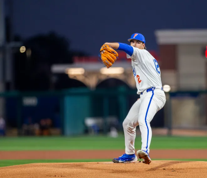 Florida's Liam Peterson (12) was the starting pitcher for the Gators on Opening Day against UAB, Friday, February 13, 2026, at Condron Family Ballpark in Gainesville, Florida. The Gators lost Game 1 to the Blazers 9-7. 
[Cyndi Chambers/ Gainesville Sun] 2026