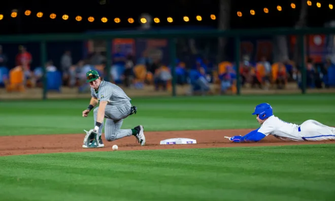 Florida's infielder Brendan Lawson (11) steals second against UAB, Friday, February 13, 2026, at Condron Family Ballpark in Gainesville, Florida. The Gators lost Game 1 to the Blazers 9-7. [Cyndi Chambers/ Gainesville Sun] 2026