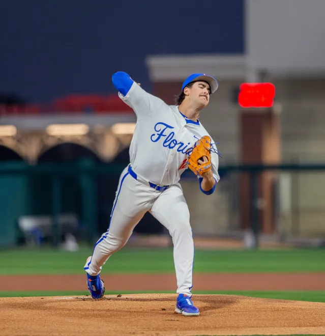 Florida's Liam Peterson (12) was the starting pitcher for the Gators on Opening Day against UAB, Friday, February 13, 2026, at Condron Family Ballpark in Gainesville, Florida. The Gators lost Game 1 to the Blazers 9-7. 
[Cyndi Chambers/ Gainesville Sun] 2026