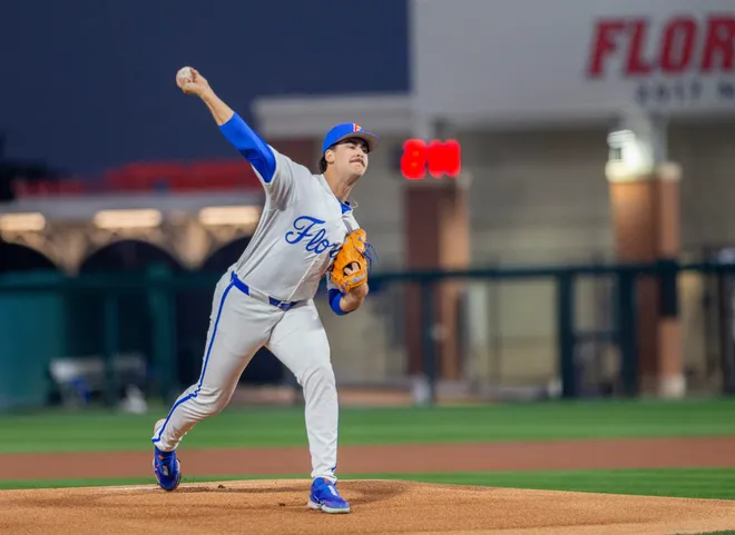 Florida's Liam Peterson (12) was the starting pitcher for the Gators on Opening Day against UAB, Friday, February 13, 2026, at Condron Family Ballpark in Gainesville, Florida. The Gators lost Game 1 to the Blazers 9-7. 
[Cyndi Chambers/ Gainesville Sun] 2026