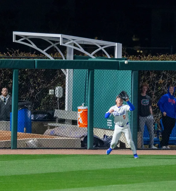 Florida's Blake Cyr (5) makes the catch against UAB, Friday, February 13, 2026, at Condron Family Ballpark in Gainesville, Florida. The Gators lost Game 1 to the Blazers 9-7. [Cyndi Chambers/ Gainesville Sun] 2026
