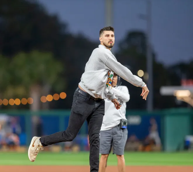 Former gator Alex Faedo throws out the first pitch on Opening Day, Friday, February 13, 2026, at Condron Family Ballpark in Gainesville, Florida. The Gators lost Game 1 to the UAB Blazers 9-7. [Cyndi Chambers/ Gainesville Sun] 2026