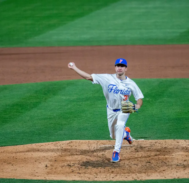 Florida's pitcher Ricky Reeth (31) pitches in relief against UAB, Friday, February 13, 2026, at Condron Family Ballpark in Gainesville, Florida. The Gators lost Game 1 to the Blazers 9-7. [Cyndi Chambers/ Gainesville Sun] 2026