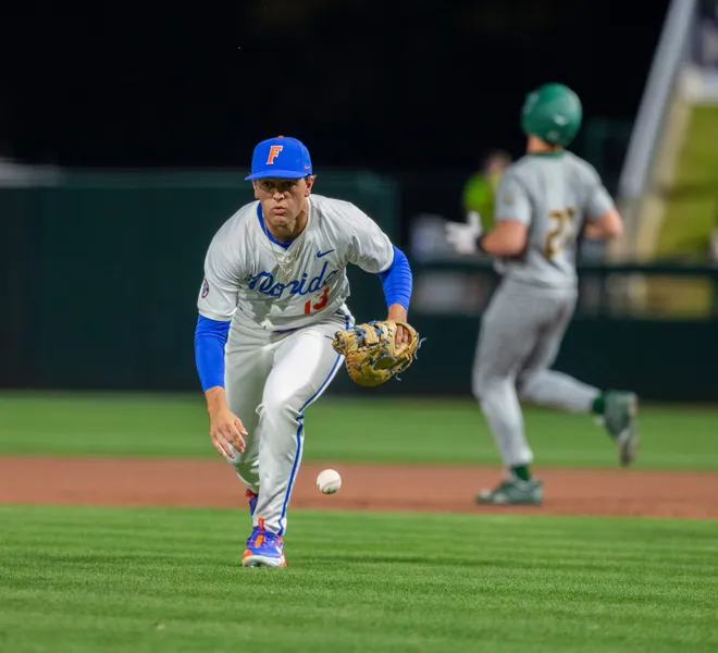 Florida's infielder Landon Stripling (13) bobbles the ball in the first inning against UAB, Friday, February 13, 2026, at Condron Family Ballpark in Gainesville, Florida. The Gators lost Game 1 to the Blazers 9-7. [Cyndi Chambers/ Gainesville Sun] 2026