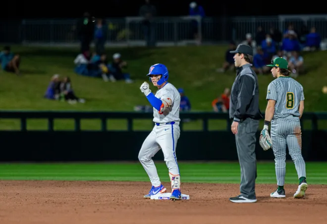 Florida's infielder Blake Cyr (5) with a standup double against UAB, Friday, February 13, 2026, at Condron Family Ballpark in Gainesville, Florida. The Gators lost Game 1 to the Blazers 9-7. [Cyndi Chambers/ Gainesville Sun] 2026