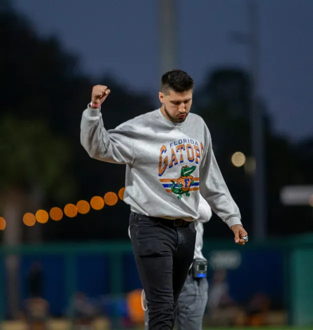 Former gator Alex Faedo throws out the first pitch on Opening Day, Friday, February 13, 2026, at Condron Family Ballpark in Gainesville, Florida. The Gators lost Game 1 to the UAB Blazers 9-7. [Cyndi Chambers/ Gainesville Sun] 2026