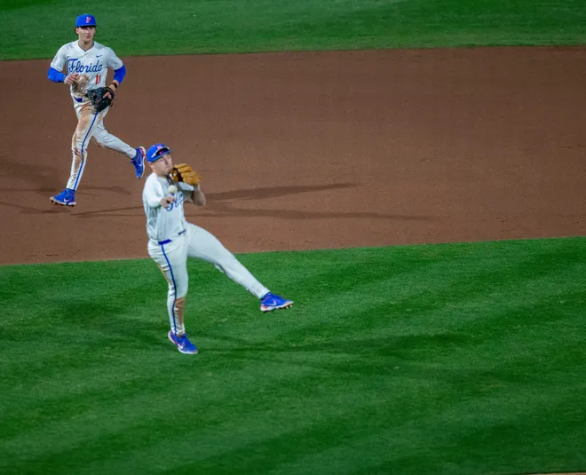 Florida's infielder Ethan Surowiec (10)] with the throw to first against UAB, Friday, February 13, 2026, at Condron Family Ballpark in Gainesville, Florida. The Gators lost Game 1 to the Blazers 9-7. [Cyndi Chambers/ Gainesville Sun] 2026