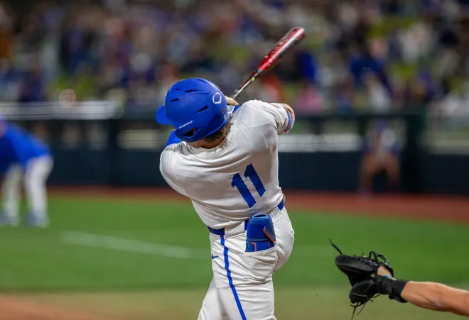 Florida's infielder Brendan Lawson (11) at bat in the bottom of the first inning against UAB, Friday, February 13, 2026, at Condron Family Ballpark in Gainesville, Florida. The Gators lost Game 1 to the Blazers 9-7. [Cyndi Chambers/ Gainesville Sun] 2026