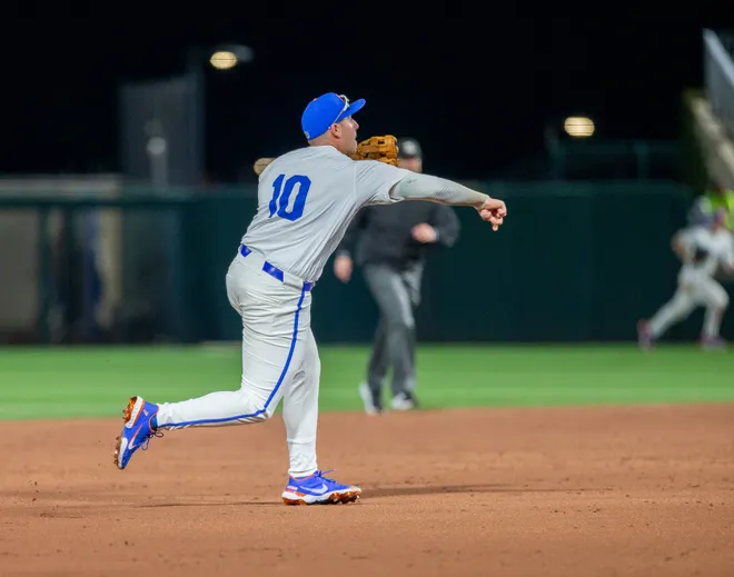 Florida's infielder Ethan Surowiec (10) with the throw to first against UAB, Friday, February 13, 2026, at Condron Family Ballpark in Gainesville, Florida. The Gators lost Game 1 to the Blazers 9-7. [Cyndi Chambers/ Gainesville Sun] 2026