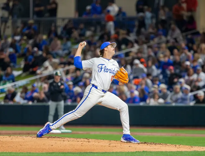 Florida's Liam Peterson (12) was the starting pitcher for the Gators on Opening Day against UAB, Friday, February 13, 2026, at Condron Family Ballpark in Gainesville, Florida. The Gators lost Game 1 to the Blazers 9-7. 
[Cyndi Chambers/ Gainesville Sun] 2026