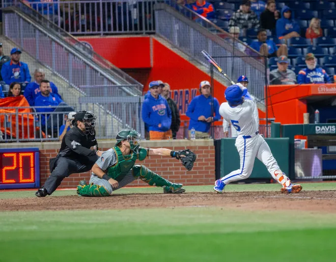 Florida's infielder Blake Cyr (5) at bat against UAB, Friday, February 13, 2026, at Condron Family Ballpark in Gainesville, Florida. The Gators lost Game 1 to the Blazers 9-7. [Cyndi Chambers/ Gainesville Sun] 2026