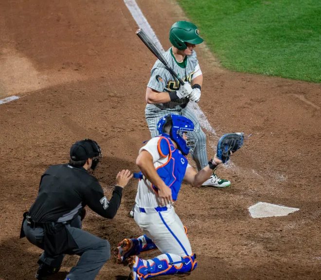 Florida's catcher Karson Bowen (14) behind the plate against UAB, Friday, February 13, 2026, at Condron Family Ballpark in Gainesville, Florida. The Gators lost Game 1 to the Blazers 9-7. [Cyndi Chambers/ Gainesville Sun] 2026