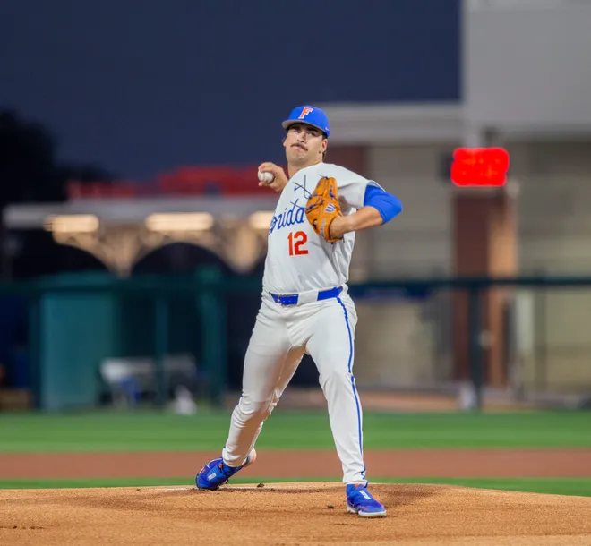 Florida's Liam Peterson (12)] was the starting pitcher for the Gators on Opening Day against UAB, Friday, February 13, 2026, at Condron Family Ballpark in Gainesville, Florida. The Gators lost Game 1 to the Blazers 9-7. 
[Cyndi Chambers/ Gainesville Sun] 2026