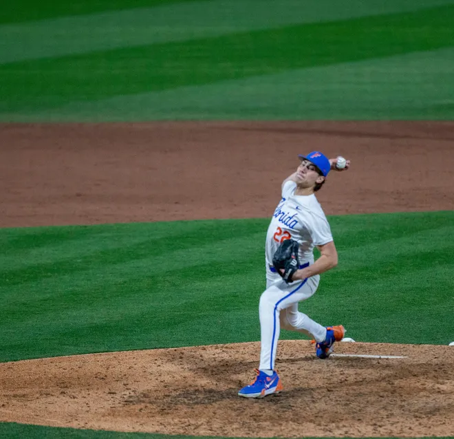 Florida's pitcher Jackson Barberi (22) comes into the game against UAB, Friday, February 13, 2026, at Condron Family Ballpark in Gainesville, Florida. The Gators lost Game 1 to the Blazers 9-7. [Cyndi Chambers/ Gainesville Sun] 2026