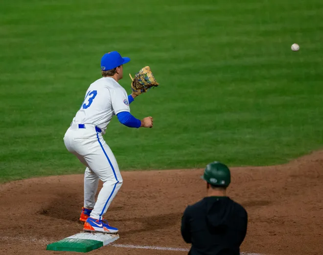 Florida's infielder Landon Stripling (13) gets the ball at first against UAB, Friday, February 13, 2026, at Condron Family Ballpark in Gainesville, Florida. The Gators lost Game 1 to the Blazers 9-7. [Cyndi Chambers/ Gainesville Sun] 2026
