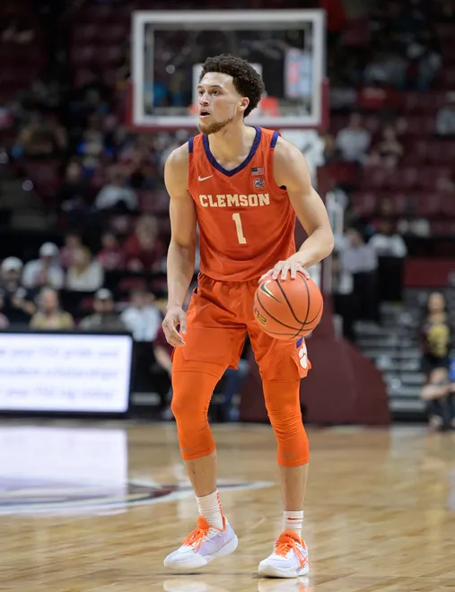 Feb 15, 2025; Tallahassee, Florida, USA; Clemson Tigers guard Chase Hunter (1) during the second half against the Florida State Seminoles at Donald L. Tucker Center. Mandatory Credit: Melina Myers-Imagn Images
