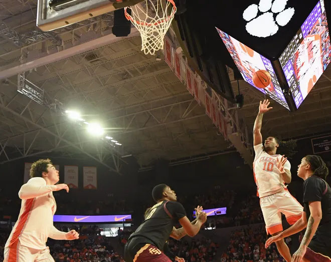 Jan 11, 2025; Clemson, South Carolina, USA; Clemson Tigers guard Del Jones (10) shoots the ball against the Florida State Seminoles during the second half at Littlejohn Coliseum. Mandatory Credit: Ken Ruinard/USA TODAY Network via Imagn Images
