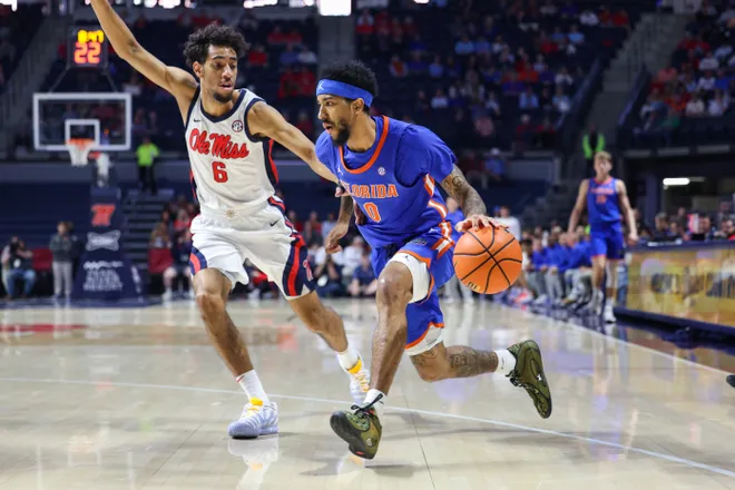 OXFORD, MISSISSIPPI - FEBRUARY 21: Boogie Fland #0 of the Florida Gators drives to the basket against Ilias Kamardine #6 of the Ole Miss Rebels during the first half at The Pavilion at Ole Miss on February 21, 2026 in Oxford, Mississippi. (Photo by Wes Hale/Getty Images)