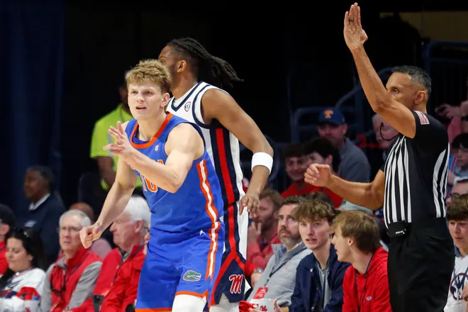 Feb 21, 2026; Oxford, Mississippi, USA; Florida Gators forward Thomas Haugh (10) reacts after a three point basket during the first half against the Mississippi Rebels at The Sandy and John Black Pavilion at Ole Miss. Mandatory Credit: Petre Thomas-Imagn Images
