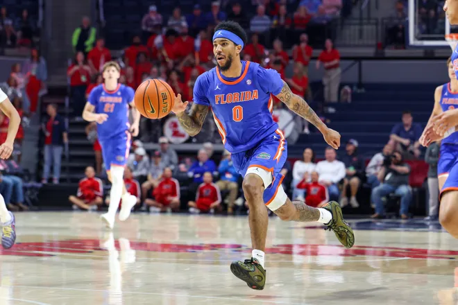 OXFORD, MISSISSIPPI - FEBRUARY 21: Boogie Fland #0 of the Florida Gators drives to the basket against the Ole Miss Rebels during the first half at The Pavilion at Ole Miss on February 21, 2026 in Oxford, Mississippi. (Photo by Wes Hale/Getty Images)