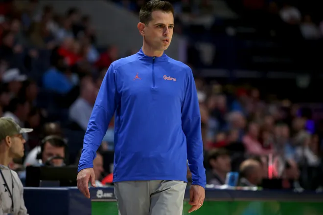 Feb 21, 2026; Oxford, Mississippi, USA; Florida Gators head coach Todd Golden looks on during the first half against the Mississippi Rebels at The Sandy and John Black Pavilion at Ole Miss. Mandatory Credit: Petre Thomas-Imagn Images