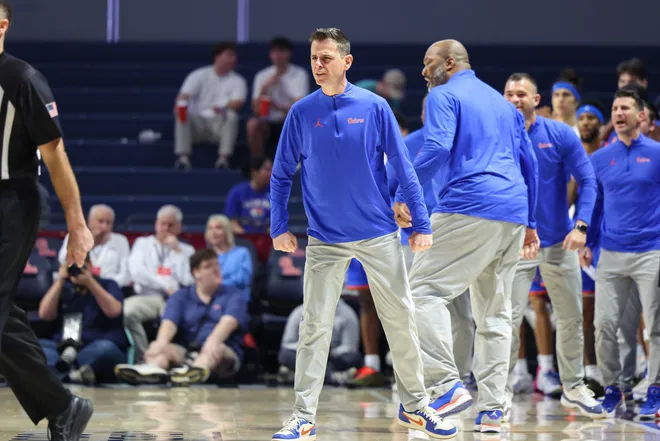 OXFORD, MISSISSIPPI - FEBRUARY 21: Head Coach Todd Golden of the Florida Gators reacts against the Ole Miss Rebels during the first half at The Pavilion at Ole Miss on February 21, 2026 in Oxford, Mississippi. (Photo by Wes Hale/Getty Images)