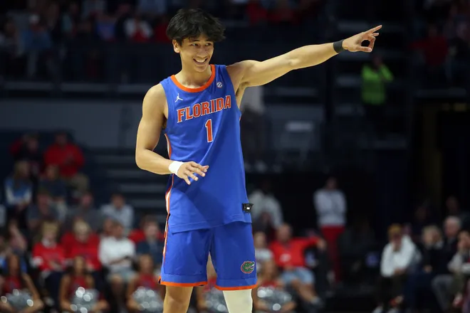 Feb 21, 2026; Oxford, Mississippi, USA; Florida Gators guard Xaivian Lee (1) reacts during the second half against the Mississippi Rebels at The Sandy and John Black Pavilion at Ole Miss. Mandatory Credit: Petre Thomas-Imagn Images
