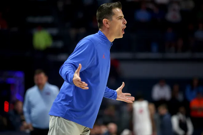 Feb 21, 2026; Oxford, Mississippi, USA; Florida Gators head coach Todd Golden reacts during the second half against the Mississippi Rebels at The Sandy and John Black Pavilion at Ole Miss. Mandatory Credit: Petre Thomas-Imagn Images