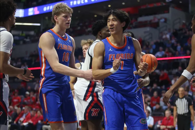 Feb 21, 2026; Oxford, Mississippi, USA; Florida Gators forward Thomas Haugh (10) and guard Xaivian Lee (1) react during the second half against the Mississippi Rebels at The Sandy and John Black Pavilion at Ole Miss. Mandatory Credit: Petre Thomas-Imagn Images